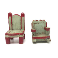SOLD Folk Art Carved Miniature Chair and Rocker in Mint and Red Paint