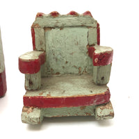 SOLD Folk Art Carved Miniature Chair and Rocker in Mint and Red Paint