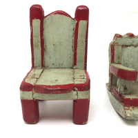 SOLD Folk Art Carved Miniature Chair and Rocker in Mint and Red Paint