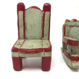 SOLD Folk Art Carved Miniature Chair and Rocker in Mint and Red Paint