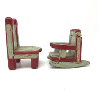 SOLD Folk Art Carved Miniature Chair and Rocker in Mint and Red Paint