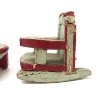 SOLD Folk Art Carved Miniature Chair and Rocker in Mint and Red Paint