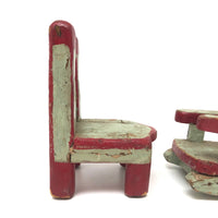 SOLD Folk Art Carved Miniature Chair and Rocker in Mint and Red Paint