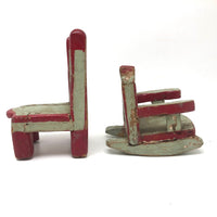 SOLD Folk Art Carved Miniature Chair and Rocker in Mint and Red Paint