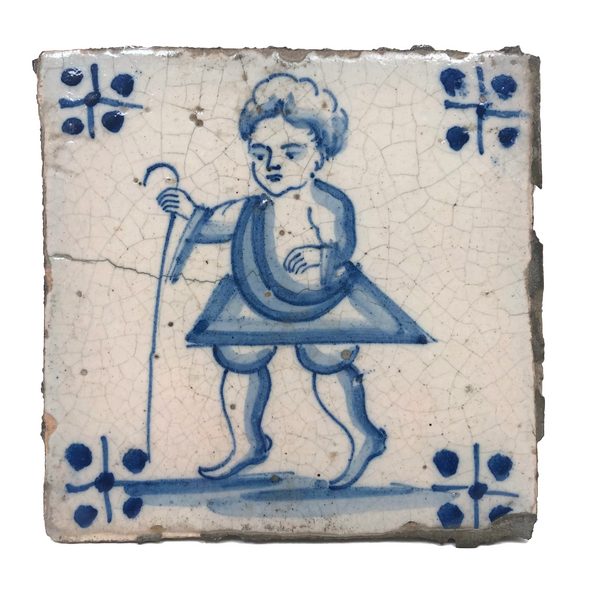 Cherubic (Presumed Christ) Child With Staff, c. 17th Century Delft Tile
