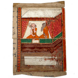 Stunning Gouache with Gold Leaf Antique Thai Manuscipt Painting of Two Monks with Fans Gripping Throats (Story of Phra Mala?)