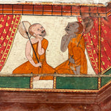 Stunning Gouache with Gold Leaf Antique Thai Manuscipt Painting of Two Monks with Fans Gripping Throats (Story of Phra Mala?)