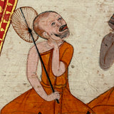 Stunning Gouache with Gold Leaf Antique Thai Manuscipt Painting of Two Monks with Fans Gripping Throats (Story of Phra Mala?)