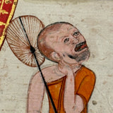 Stunning Gouache with Gold Leaf Antique Thai Manuscipt Painting of Two Monks with Fans Gripping Throats (Story of Phra Mala?)