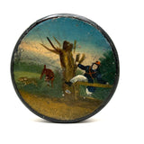 Man Jumping Fence Chasing Rabbit, 19th Century Papier Mache Snuff Box with Hand-painting