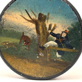 Man Jumping Fence Chasing Rabbit, 19th Century Papier Mache Snuff Box with Hand-painting