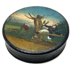 Man Jumping Fence Chasing Rabbit, 19th Century Papier Mache Snuff Box with Hand-painting