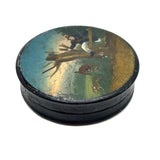 Man Jumping Fence Chasing Rabbit, 19th Century Papier Mache Snuff Box with Hand-painting