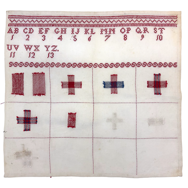 c. 1900 Dutch Darning Sampler: Blue and Red, Alphabet and Numbers