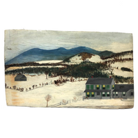 House and Dog in Landscape, Folk Art Painting on Cardboard
