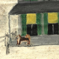 House and Dog in Landscape, Folk Art Painting on Cardboard
