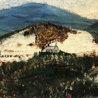 House and Dog in Landscape, Folk Art Painting on Cardboard