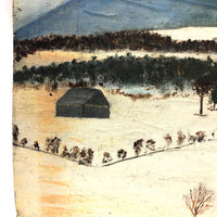 House and Dog in Landscape, Folk Art Painting on Cardboard