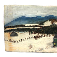 House and Dog in Landscape, Folk Art Painting on Cardboard