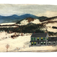 House and Dog in Landscape, Folk Art Painting on Cardboard