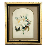 Pretty Package: Waterlily Bouquet with Rosebuds, c. 1870s Watercolor in Gilded Frame