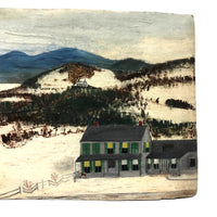 House and Dog in Landscape, Folk Art Painting on Cardboard