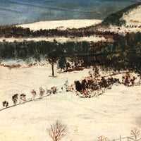House and Dog in Landscape, Folk Art Painting on Cardboard