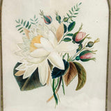 Pretty Package: Waterlily Bouquet with Rosebuds, c. 1870s Watercolor in Gilded Frame
