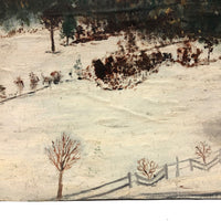 House and Dog in Landscape, Folk Art Painting on Cardboard
