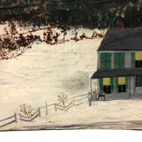 House and Dog in Landscape, Folk Art Painting on Cardboard
