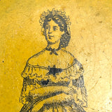 Sunny and Satisfied Looking Yellow Woman in Ruffles, Mid 19th Century Papier Mache Snuff Box
