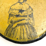 Sunny and Satisfied Looking Yellow Woman in Ruffles, Mid 19th Century Papier Mache Snuff Box
