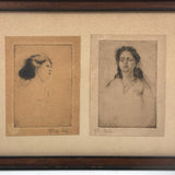 Two Women, Sensitive Pair of Pencil Signed Etchings, Early 20th Century, Framed as Found