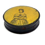 Sunny and Satisfied Looking Yellow Woman in Ruffles, Mid 19th Century Papier Mache Snuff Box