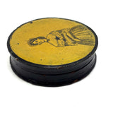 Sunny and Satisfied Looking Yellow Woman in Ruffles, Mid 19th Century Papier Mache Snuff Box