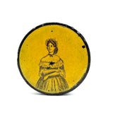 Sunny and Satisfied Looking Yellow Woman in Ruffles, Mid 19th Century Papier Mache Snuff Box