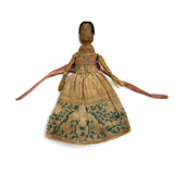 Exquisite Tiny Early Hand-woven Doll with Black Hair and Very Fine Dress, Believed New England