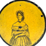 Sunny and Satisfied Looking Yellow Woman in Ruffles, Mid 19th Century Papier Mache Snuff Box