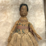 Exquisite Tiny Early Hand-woven Doll with Black Hair and Very Fine Dress, Believed New England