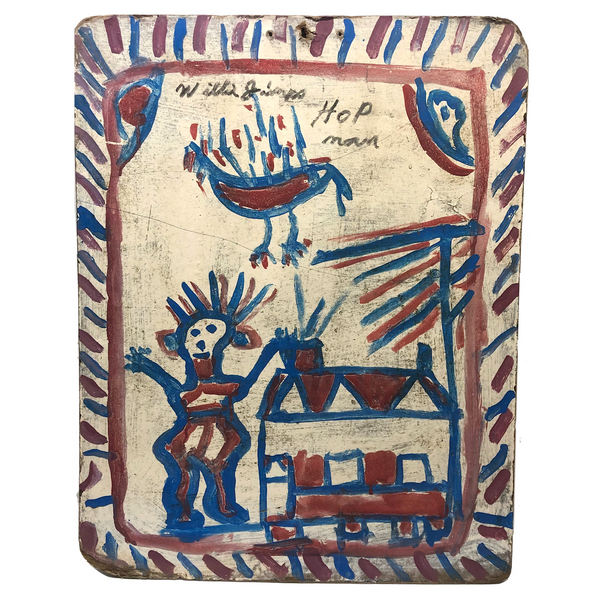 Willie Jinks c. 1980s Painting of House, Man and Bird on Found Chipboard