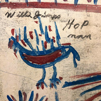Willie Jinks c. 1980s Painting of House, Man and Bird on Found Chipboard