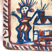 Willie Jinks c. 1980s Painting of House, Man and Bird on Found Chipboard