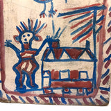 Willie Jinks c. 1980s Painting of House, Man and Bird on Found Chipboard