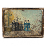 Supplicants in Blue Suits and Black Veils Before the Cross, Charming Old Mexican Folk Art Retablo