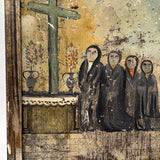 Supplicants in Blue Suits and Black Veils Before the Cross, Charming Old Mexican Folk Art Retablo