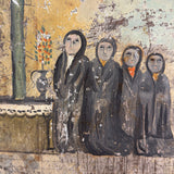 Supplicants in Blue Suits and Black Veils Before the Cross, Charming Old Mexican Folk Art Retablo