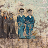Supplicants in Blue Suits and Black Veils Before the Cross, Charming Old Mexican Folk Art Retablo
