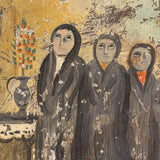 Supplicants in Blue Suits and Black Veils Before the Cross, Charming Old Mexican Folk Art Retablo