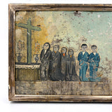 Supplicants in Blue Suits and Black Veils Before the Cross, Charming Old Mexican Folk Art Retablo