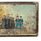 Supplicants in Blue Suits and Black Veils Before the Cross, Charming Old Mexican Folk Art Retablo